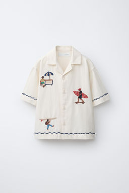 CAMISA BOWLING BORDADOS CON LINO / Crudo
