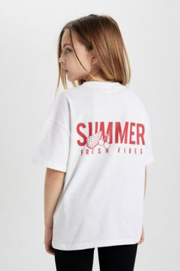 K?z Cocuk Oversize Genis Kal?p Bisiklet Yaka S?rt Bask?l? K?sa Kollu Tisort