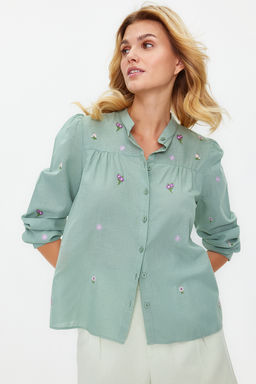 Yesil Cicek Nak?s Nak?s Detayl? Regular Normal Kal?p Dokuma Gomlek TWOSS23GO00152