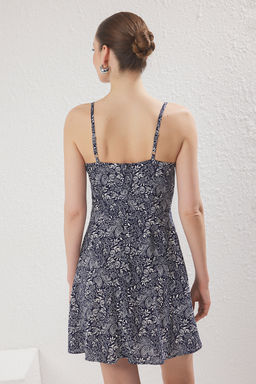 Koyu Lacivert Cicekli A Kesim Fiyonklu K?sa / Mini Dokuma Elbise TWOSS21EL3214