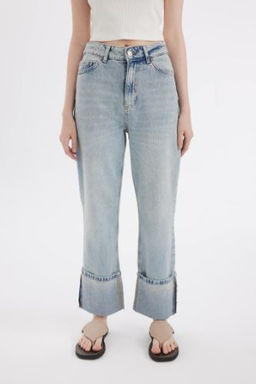 Straight Fit Yuksek Bel Katlamal? Paca Bilek Boy Jean Y?kamal? Pantolon