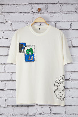 Ekru Oversize/Geni_ Kesim Tropikal Bask_l_ %100 Pamuk T-Shirt TMNSS25TS00219
