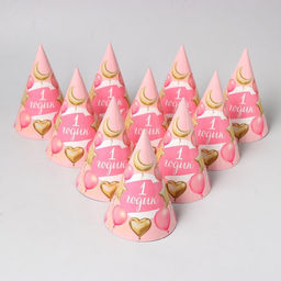 Цена за 10 шт. Колпак праздничный бумажный 1 годик. Малышка, шарики и звёзды, 16 см, цвет розовый - Страна карнавалия фото 3