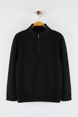 Siyah Duz Dik Yaka Orme Unisex Cocuk Polar Sweatshirt TKDAW26SW00059