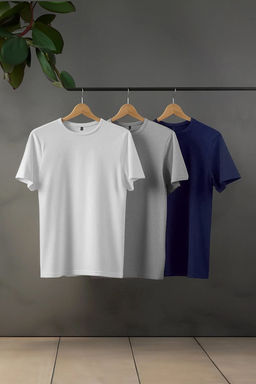 Lacivert-Gri-Ekru 3lu Paket Siyah Slim/Dar Kesim Basic %100 Pamuklu T-Shirt TMNSS19BO0007