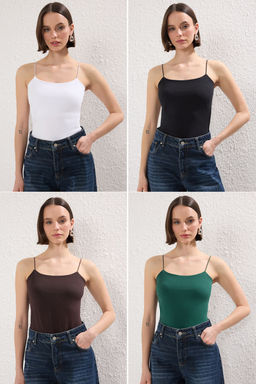 Trendyolmilla Siyah-Beyaz-Zumrut Yesili-Kahverengi 4lu Paket Ask?l? Vucuda Oturan Esnek Orme Atlet TWOSS25AL00055