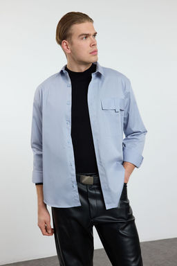 TRENDYOL MAN Limited Edition Gri Oversize Fit Cep Detayl? %100 Pamuk Gomlek TMNAW25GO00019
