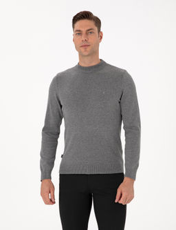 Gri Melanj Slim Fit _eyrek Yaka Basic Triko Kazak