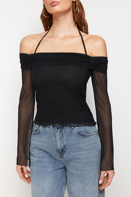 Siyah Flare Kollu Baglama Detayl? Orme Madonna Yaka Bluz TWOSS24BZ00046
