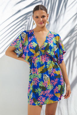 Cicek Desenli Dokuma S?rt Dekolteli Plaj Mini Elbise TBESS25EL00090