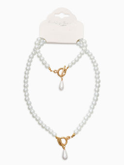 Набор 2 пред-та: бусы.браслет "Жемчуг", капелька, цвет белый в золоте L=18/42см №8