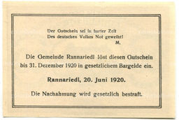 Банкнота 20 геллеров 1920 года Австрия  Раннариедль (нотгельд)