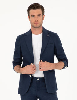 Lacivert Slim Fit %100 Keten Ceket