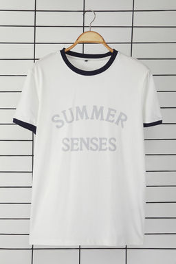 Ekru Regular/Normal Kesim Kol Detayl? Bask?l? %100 Pamuk T-Shirt TMNSS25TS00034