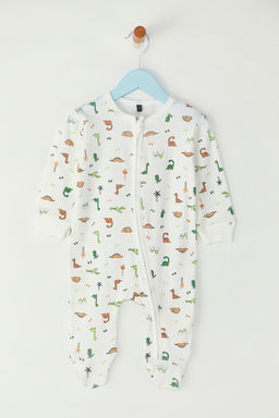 Ekru Erkek Bebek %100 Pamuk Bask?l? Uzun Kol Orme Tulum TKDSS25TU00001