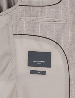 Bej Slim Fit _izgili Y_n Ka_mir Kar___ml_ Tak_m Elbise