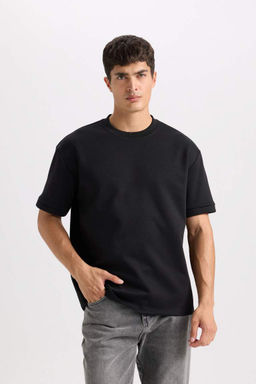 Oversize Genis Kal?p Bisiklet Yaka Basic Duz K?sa Kollu Ag?r Kumas Tisort - Defacto фото 2