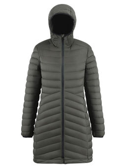 Куртка женская удлинённая стёганая с капюшоном и графеновой подкладкой цвета хаки 9628_1Kh