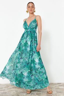 TRENDYOLMILLA Cok Renkli A-Kesim Cicekli Dokuma Sifon Uzun Abiye Elbise TPRSS24AE00094