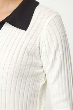 TRENDYOLMILLA Ekru Polo Yaka Renk Bloklu Triko Kazak TWOAW25KZ00040