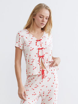 Ba?lama Detayl? Kalp Bask?l? Kad?n Pijama Tak?m?