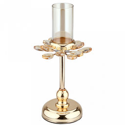 Подсвечник металлический "Аурелия" h28см, чаша с колбой стекло д5см, h10см, нескользящее основание д10см, золотой/янтарный, в коробке (Китай)
