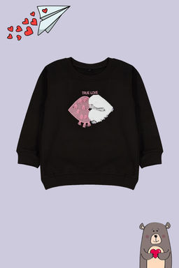 Siyah*001 K?z Cocuk Mevsimlik-Ince Kalp Desenli Orme Sweatshirt TKDAW25SW00001