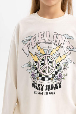 Футболка оверсайз для девочек с круглым вырезом и длинными рукавами с принтом - Defacto фото 4