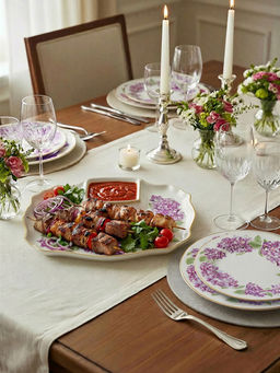 Блюдо д/шашлыка 27*20,5*2,5 см "Сирень" с соусницей, фарфор NEW BONE CHINA