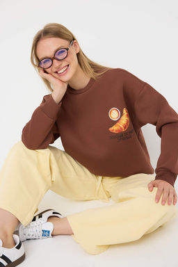 Teen Kahverengi Bask?l? Oversize/Genis Kal?p Kal?n Ici Polarl? Orme Sweatshirt TWOAW26SW00152
