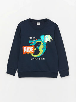 Bisiklet Yaka Bask?l? ?ift Y?nl? Payetli Uzun Kollu Erkek ?ocuk Sweatshirt