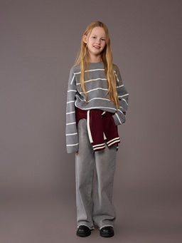 Bisiklet Yaka ?izgili K?z ?ocuk Triko Kazak