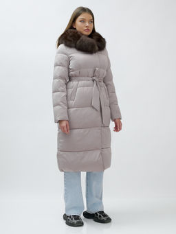 с мехом песец люкс класса Пальто зимние Бренд Visdeer, бежевого цвета  фото 4