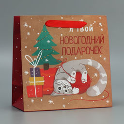Цена за 2 шт. Пакет подарочный новогодний крафтовый квадратный Подарочек, 22?22?11 см