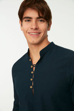 TRENDYOL MAN Mavi Slim Fit Yar?m Patl? Dugmeli Hakim Yaka Keten Gorunumlu Gomlek TMNSS20GO0097 - Trendyolmilla фото 25