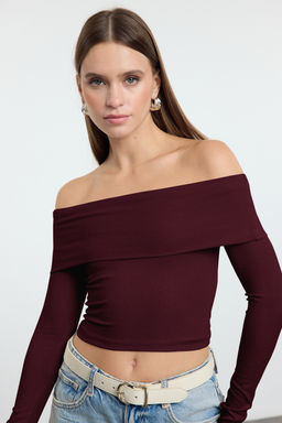 Bordo Carmen Yaka Fitted/Vucuda Oturan Crop Esnek Orme Bluz TWOAW25BZ00008