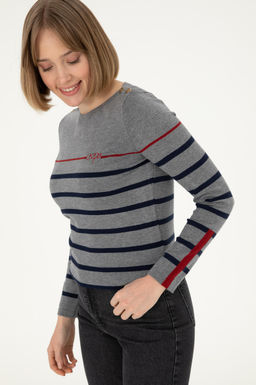 Женский свитер антрацитового меланжевого цвета с круглым вырезом Неожиданная скидка в корзине