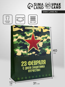 Пакет подарочный вертикальный С Днём защитника Отечества!, L 31?40?12 см