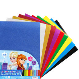 Цветная бумага самоклеящаяся, с блёстками, А4, 10 листов, 10 цветов, мелованная, односторонняя, в пакете, 80 г/м², «Холодное сердце»