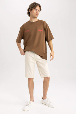 Футболка оверсайз из 100 % хлопка с круглым вырезом сзади и короткими рукавами с принтом - Defacto фото 4