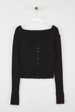 Siyah Crop Kare Yaka Triko Yumusak Dokulu Fitted/Vucudu Saran H?rka TWOAW25HI00178