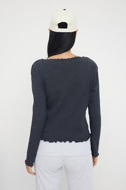 Teen Antrasit 2li Fitted/Vucuda Oturan Dugme Detayl? Fitilli Esnek Orme Bluz TWOAW26BZ00109