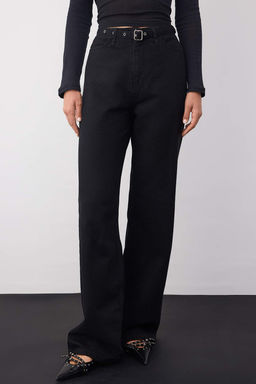 Wardrobe Essentials Siyah Yuksek Bel Kus Gozu Detayl? Kemerli Wide Leg Palazzo Jeans TWOAW26JE00098 - Trendyolmilla фото 3