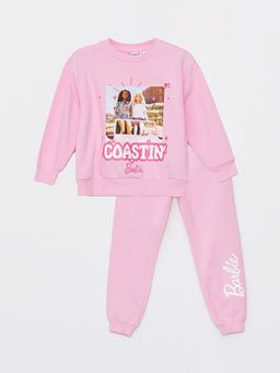 Bisiklet Yaka Barbie Bask?l? Uzun Kollu K?z ?ocuk Sweatshirt ve E?ofman Alt?
