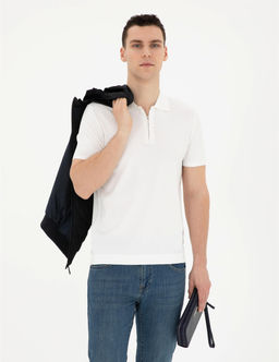 Beyaz Slim Fit Fermuarl_ Polo Yaka Triko Ti__rt