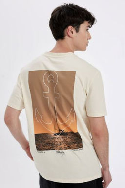 Regular Fit Bisiklet Yaka S?rt Bask?l? K?sa Kollu Tisort