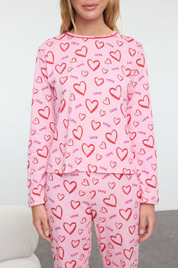 Trendyolmilla Pembe-Cok Renkli %100 Pamuklu Kalpli Biye Detayl? Orme Pijama Tak?m? THMAW25PT00191
