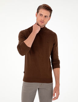 Koyu Kahverengi Slim Fit Yar_m Bal_k__ Yaka Basic Triko Kazak