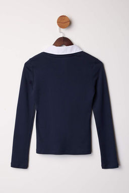 Lacivert Dokuma Detayl? Gomlek Yaka Regular/Normal Kal?p Orme Bluz TWOAW25BZ00035