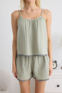 Trendyolmilla Yesil %100 Pamuklu Etnik Serit Aksesuarl? Muslin Sortlu Dokuma Pijama Tak?m? THMSS25PT00135  фото 3